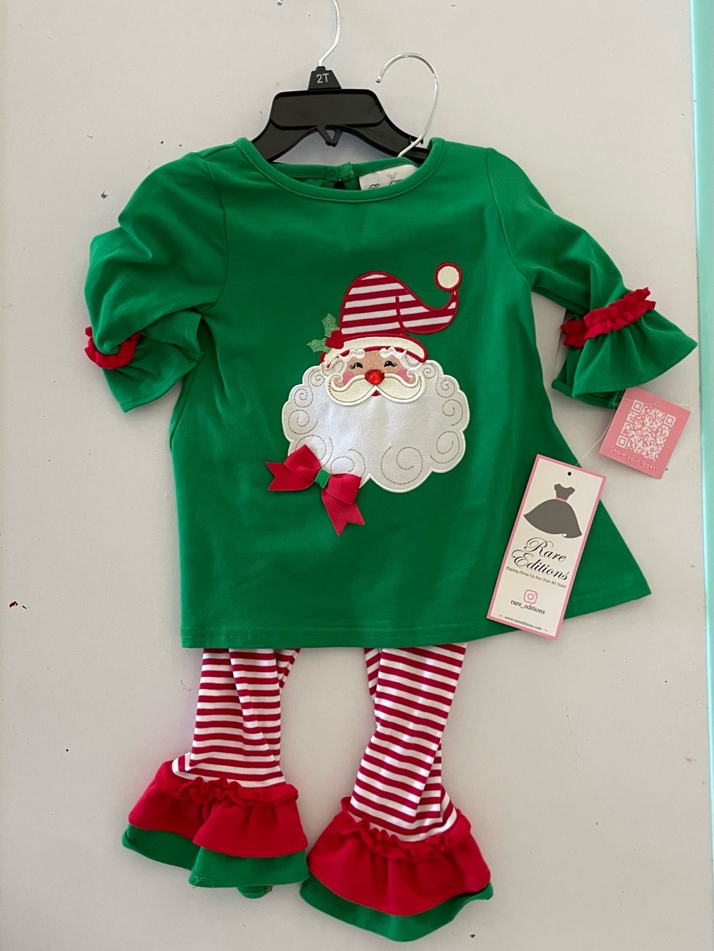 Rare Editions Green Tunic with Santa Applique & Red Stripe Leggings